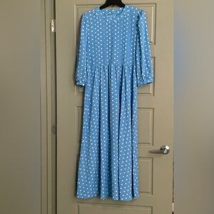 Blue Polka Dot Dress with Pearl Buckle Belt
